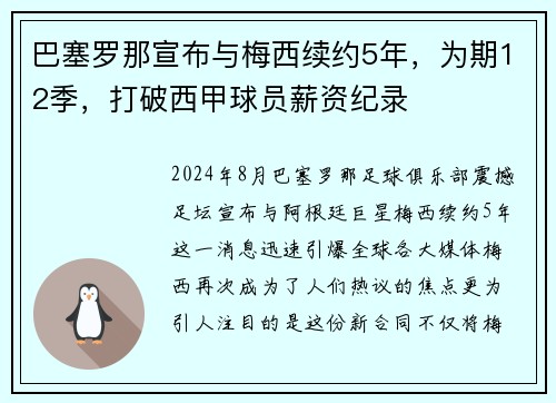 巴塞罗那宣布与梅西续约5年，为期12季，打破西甲球员薪资纪录