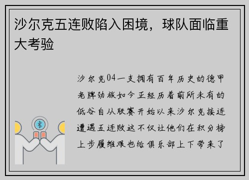 沙尔克五连败陷入困境，球队面临重大考验