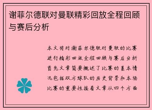 谢菲尔德联对曼联精彩回放全程回顾与赛后分析