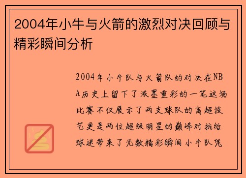 2004年小牛与火箭的激烈对决回顾与精彩瞬间分析