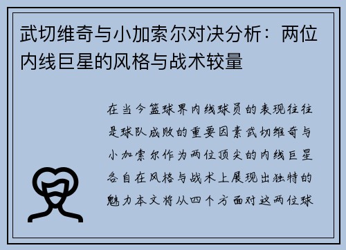 武切维奇与小加索尔对决分析：两位内线巨星的风格与战术较量