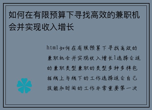 如何在有限预算下寻找高效的兼职机会并实现收入增长