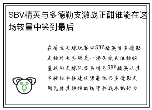 SBV精英与多德勒支激战正酣谁能在这场较量中笑到最后