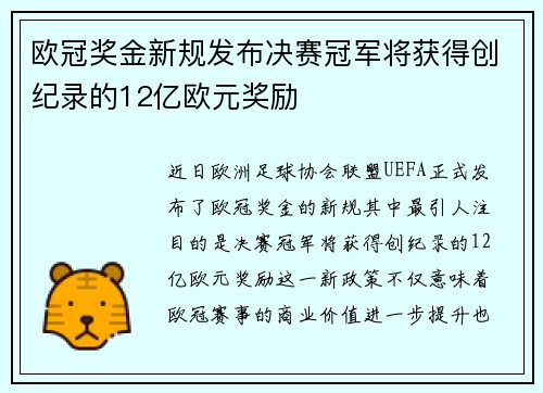 欧冠奖金新规发布决赛冠军将获得创纪录的12亿欧元奖励