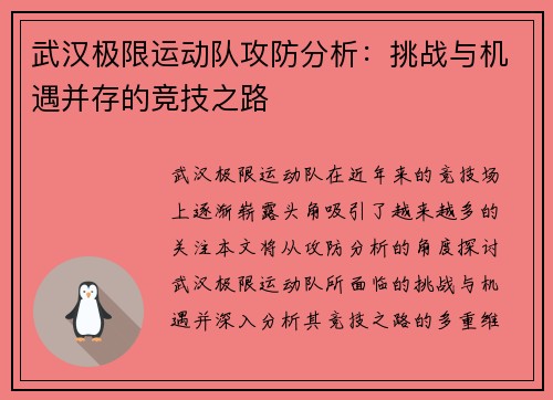 武汉极限运动队攻防分析：挑战与机遇并存的竞技之路
