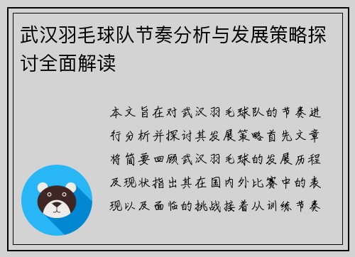 武汉羽毛球队节奏分析与发展策略探讨全面解读